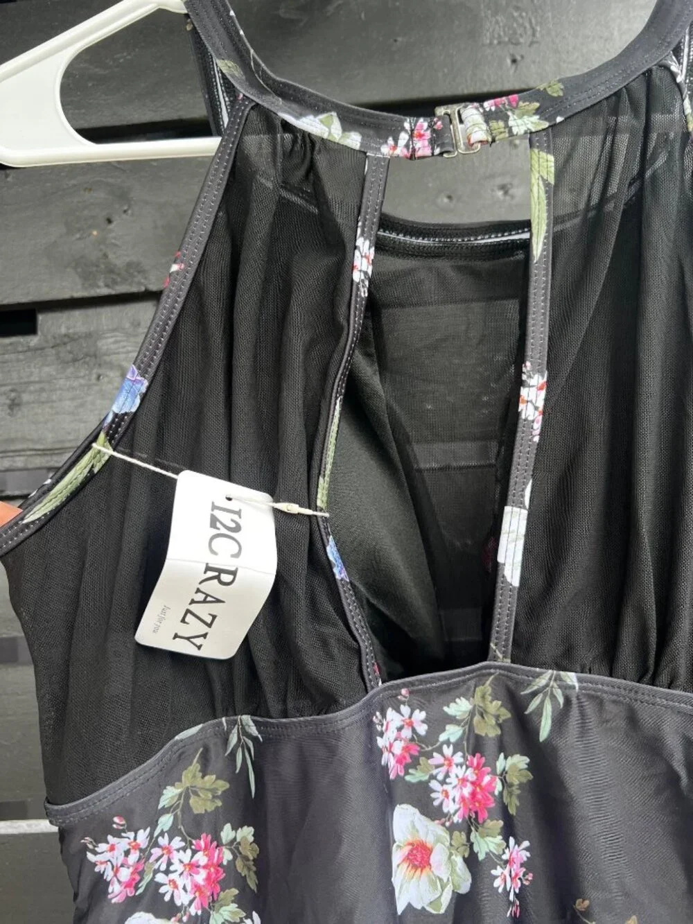 NWT Women’s Black Floral One Piece Swimsuit Mesh Chest Panel See Through Detail